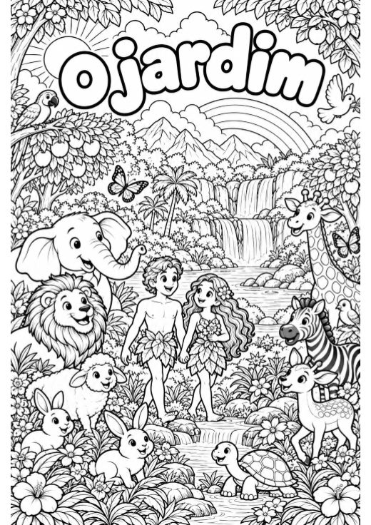 Adão e Eva, uma página do livro Jardim do Éden para colorir